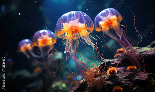Transparent jellyfish plays with light reflecting underwater. marine life © siripimon2525