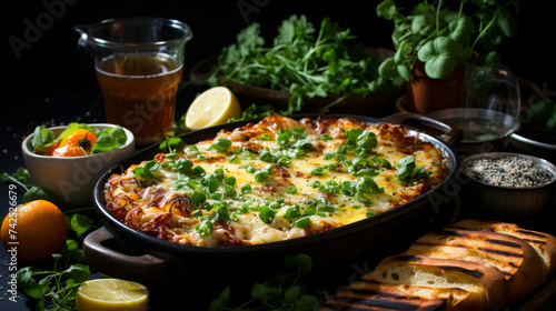 A Yummy and Filling Meal of Lasagna and Garlic Bread with Cheese and Basil
