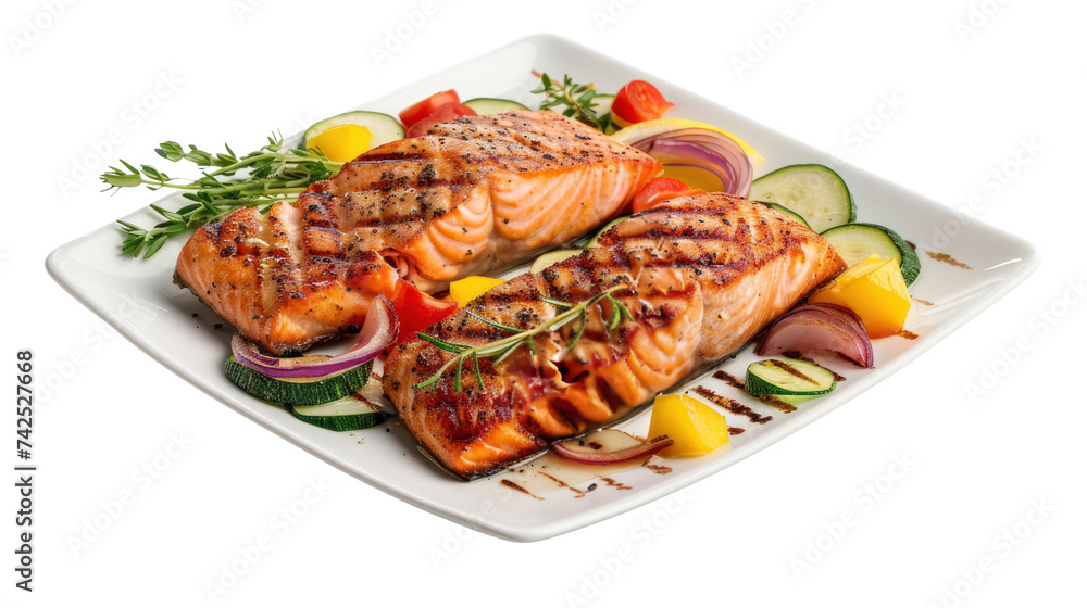 Top view Grilled salmon and vegetables isolated on transparent and white background.PNG image Top view Grilled salmon and vegetables isolated on transparent and white background.PNG image