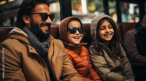 Family Road Trip: Cheerful Arab Family of Three Sitting in Car Trunk and Pointing at Something