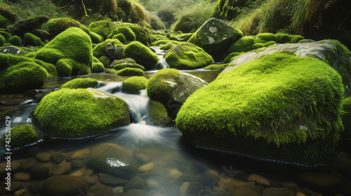 Photograph hyper-realistic images of moss-covered rocks in a tranquil stream. Frame the composition to showcase the vibrant green moss contrasting with the flowing water, creating a cinematic and sere