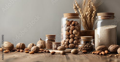 Sustainable kitchen concept with bulk foods in glass jars on wooden table