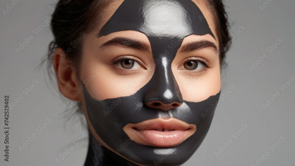 Gorgeous young woman with charcoal mask on her face, for unclogging pores and absorbing environmental pollutants, oil, and dirt from the skin. Gorgeous young woman with charcoal mask on her face, for unclogging pores and absorbing environmental pollutants, oil, and dirt from the skin.