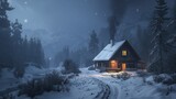 A quaint log cabin enveloped by a snowy forest exudes warmth with smoke curling from its chimney, creating a peaceful winter retreat.