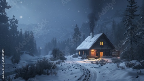A quaint log cabin enveloped by a snowy forest exudes warmth with smoke curling from its chimney, creating a peaceful winter retreat.