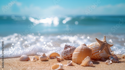 seashells on seashore-beach holiday background, generative ai