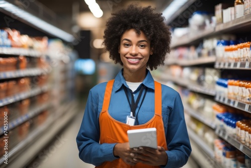 Positive female seller or shop assistant portrait in hardware supermarket store photo