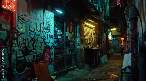 A dimly lit urban alleyway  its walls covered with layers of graffiti  exudes a raw and edgy nighttime atmosphere.