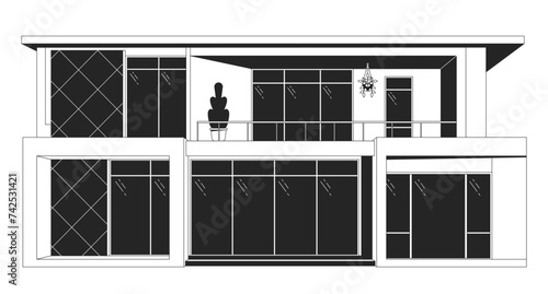 Modern glass home black and white 2D line cartoon object. Architectural inspiration. Housing estate. Building isolated vector outline item. Property exterior monochromatic flat spot illustration