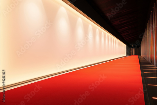 Blank mockup of media wall backdrop next to red carpet. Brand representation in high profile events. Celebrities spotlight photo