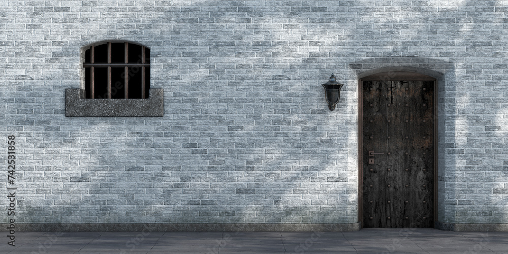 Prison Rusted Entrance Door and Barred Window with Brick Wall Background. 3d Rendering