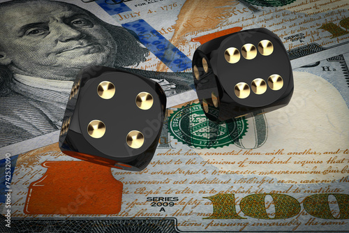 Fotografie Black Game Dice Cubes in Flight on Hundred US Dollar Bills