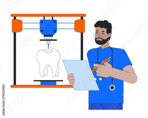 3D printing of human tooth line cartoon flat illustration. Biomimetic restorative dentistry. Printer orthodontist 2D lineart character isolated on white background. Prototype scene vector color image