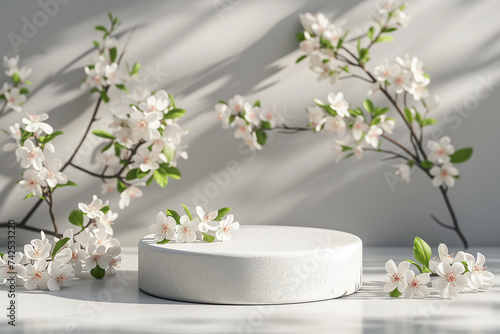 White round podium, pedestal cosmetic beauty product on gray background with spring flowers, tree shadow and stone