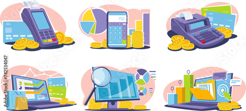 Set of business icons, financial images with instruments for accounting and counting. Stock vector illustration