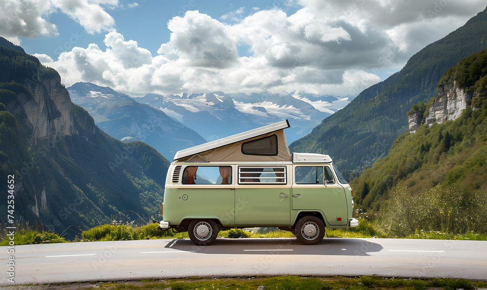On the Road Again vintage camper van parked on a winding mountain road, Generative AI 