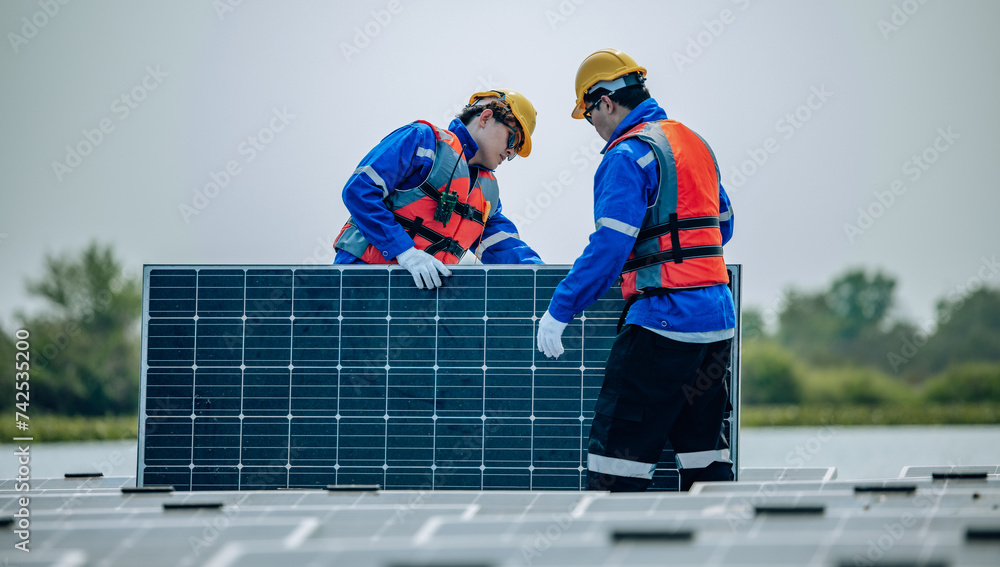Engineers inspect the structural stability and alignment of floating solar panel arrays as QC work. Engineers inspect the structural stability and alignment of floating solar panel arrays as QC work.
