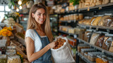 Smiling woman shopping for nuts in sustainable zero-waste grocery store, eco-friendly shopping, bulk food purchase