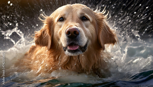 Close up of a Golden Retriever dog swimming in the waves on the beach