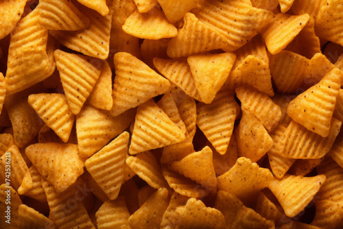 Processed collage of orange snack chips macro photo. Background for banner, backdrop or texture photo