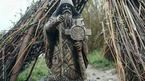 Perun pagan god statue, medieval Polish village, thatch village, dark and gritty photo