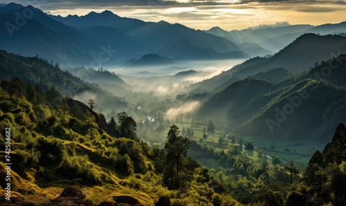 Rwenzori Mountains Sunrise: Marvel at the Majestic Rwenzori Mountainsides Awash in the Glow of Dawn, Offering a Breathtaking Start to the Day in Uganda's Splendor. photo