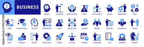 Business icon set. Global Business, leadership, team, meeting, partner, startup, trade, company, management, profit and strategy icons. Blue Dual Color vector collection