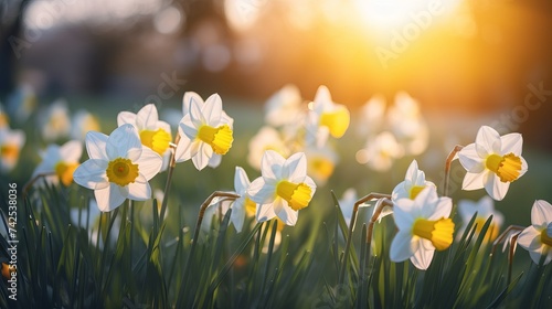 Daffodils in sunshine in springtime, easter flowers in green spring meadow on blurred bokeh background, blooming narcissus in sunlight