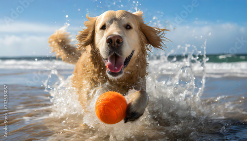 A Golden Retriever dog joyfully chasing a ball in the ocean on the beach