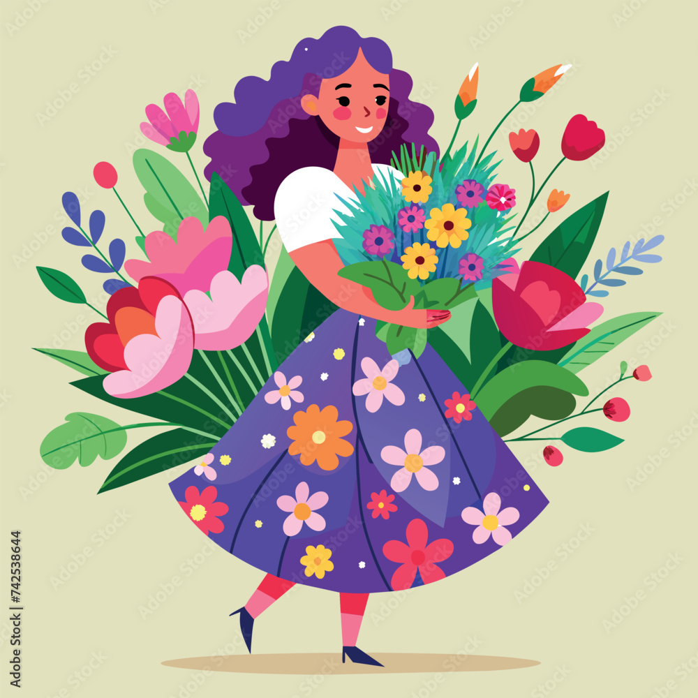 Women's day A girl in a dress holds a huge bouquet of flowers in her hands Women's day A girl in a dress holds a huge bouquet of flowers in her hands