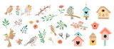 Spring set of bird and flowers, birdhouses for design. Vector illustration in flat style. Spring animals and branches, birdhouses can used for cards, stickers, posters, templates. banners