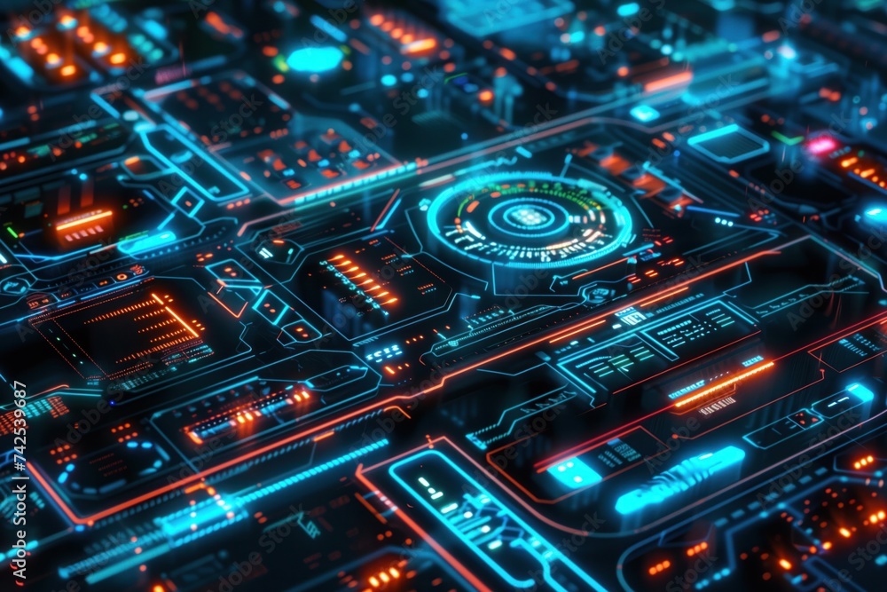 An intricate high-tech interface with glowing neon circuit lines in blue and red, depicting a futuristic and sophisticated electronic system An intricate high-tech interface with glowing neon circuit lines in blue and red, depicting a futuristic and sophisticated electronic system