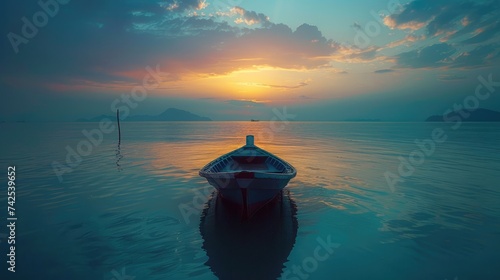 A rowing boat in the calm ocean at dawn - AI Generated Digital Art