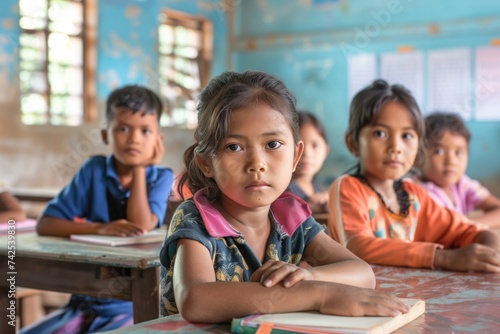 Group of children from various ethnic backgrounds learning in a poorly equipped classroom, showing the impact of social inequity on education