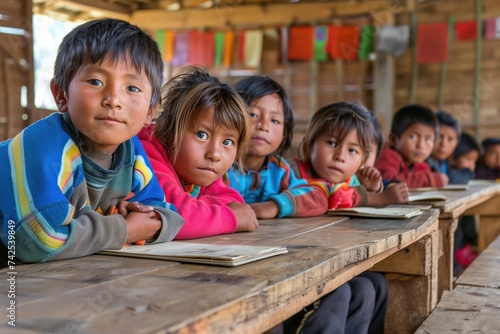 Group of asian children learning in a poorly equipped classroom, showing the impact of social inequity on education