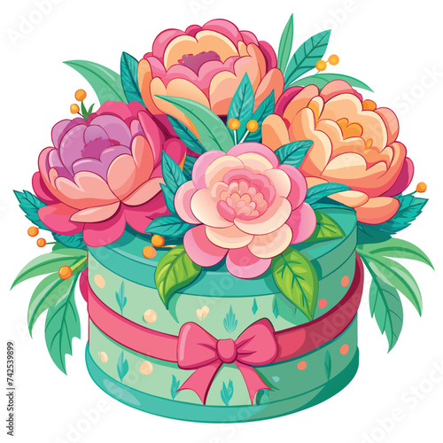 hatbox with peonies, animation printed poster, in the glamour style, golden glitter watercolor illustration on white