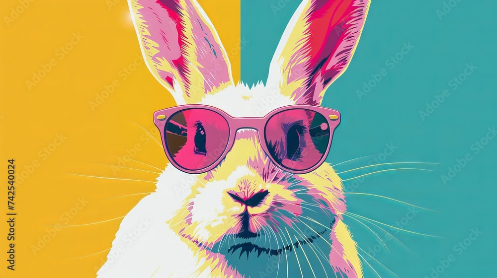 Cool white rabbit in sunglasses on vibrant background. Abstract summer clip-art for creative design projects. - obrazy, fototapety, plakaty 