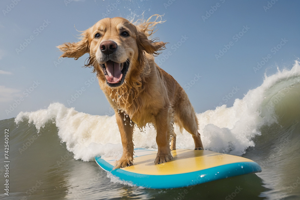 Golden retriever dog surfing on a wave , on ocean sea on summer