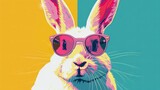 Cool white rabbit in sunglasses on vibrant background. Abstract summer clip-art for creative design projects.