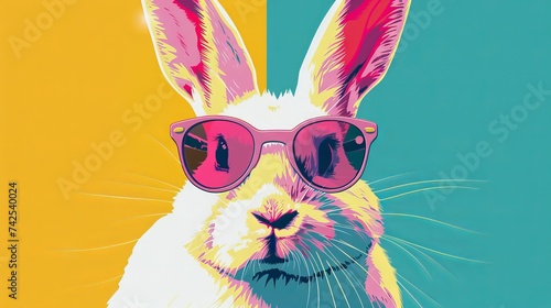 Cool white rabbit in sunglasses on vibrant background. Abstract summer clip-art for creative design projects. photo