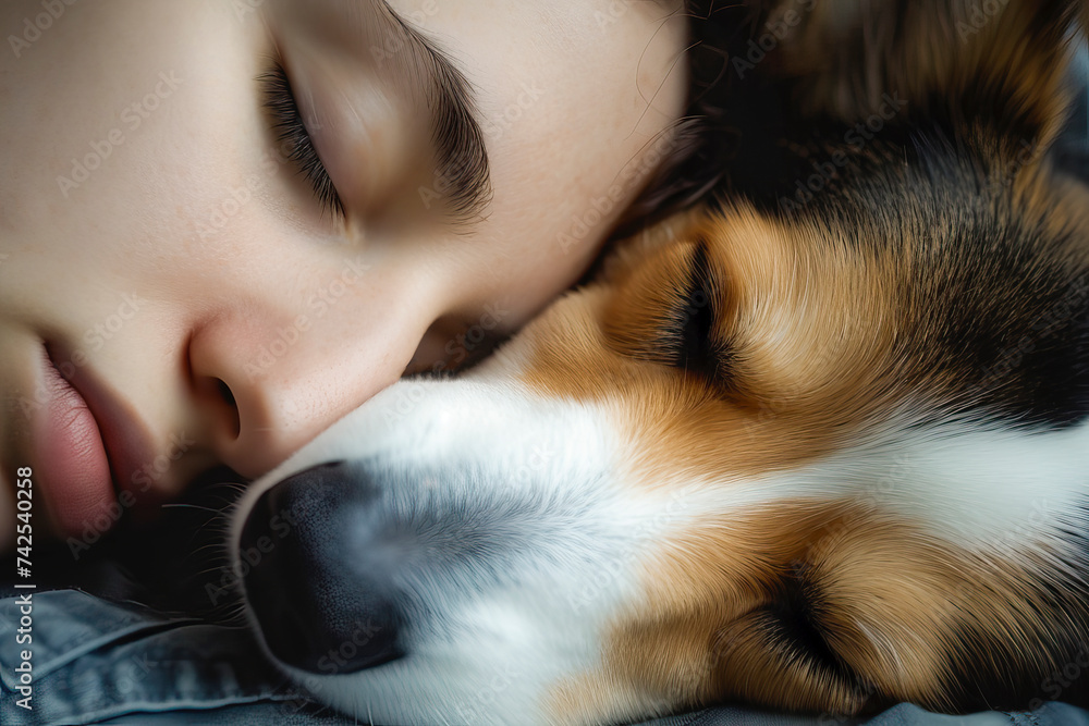 Close-up of a girl sleeping with her corgi dog. Friendship between a man and a dog Close-up of a girl sleeping with her corgi dog. Friendship between a man and a dog