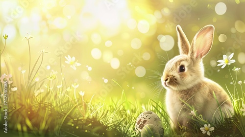 Easter bunny on colorful background with space for text. Vector illustration.