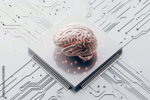 AI Brain Chip digital. Artificial Intelligence laser mind neurosynaptic computing framework axon. Semiconductor copper interconnects circuit board encoding photo