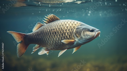 Freshwater fish carp (Cyprinus carpio) in the beautiful clean pound. Underwater shot in the lake. Wild life animal. Carp in the nature habitat with nice background with water lily