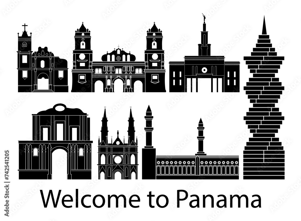 set of Panama famous landmarks by silhouette style