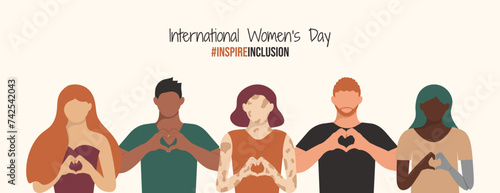 Men and girls side by side on Inspire Inclusion 2024 International Women's Day banner. Diversity Multiracial Girls and Boys with different figure, age, disabled Strike InspireInclusion pose on IWD
