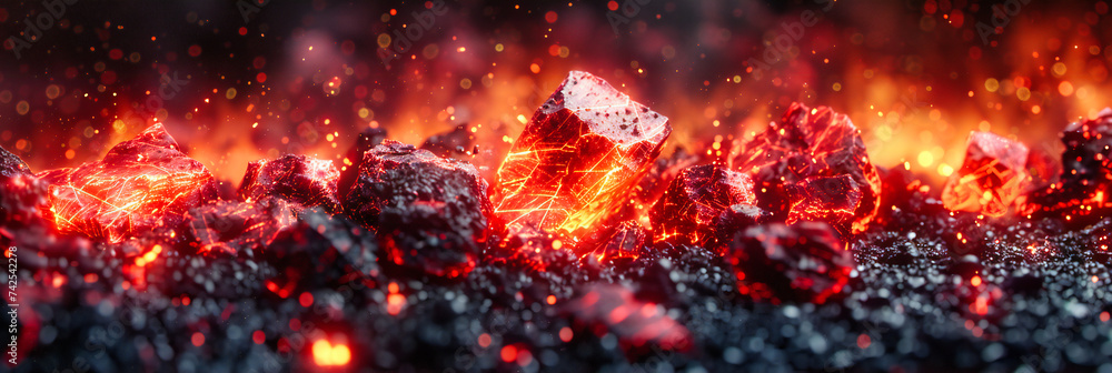 Intense heat from glowing coals and flames, capturing the fiery energy and danger of fire in a dark, abstract background Intense heat from glowing coals and flames, capturing the fiery energy and danger of fire in a dark, abstract background