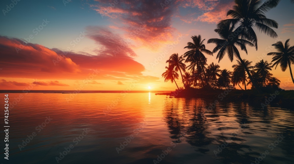 Amazing sunset on a tropical beach with palm trees. Amazing sunset on a tropical beach with palm trees.