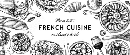 French food background. Traditional food from France sketches. European cuisine frame, restaurant menu design template. Hand-drawn vector illustration, NOT AI generated