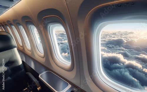 A passenger jets modern comfortable interior emphasizing space and light with a view of the clouds through the window © Shutter2U